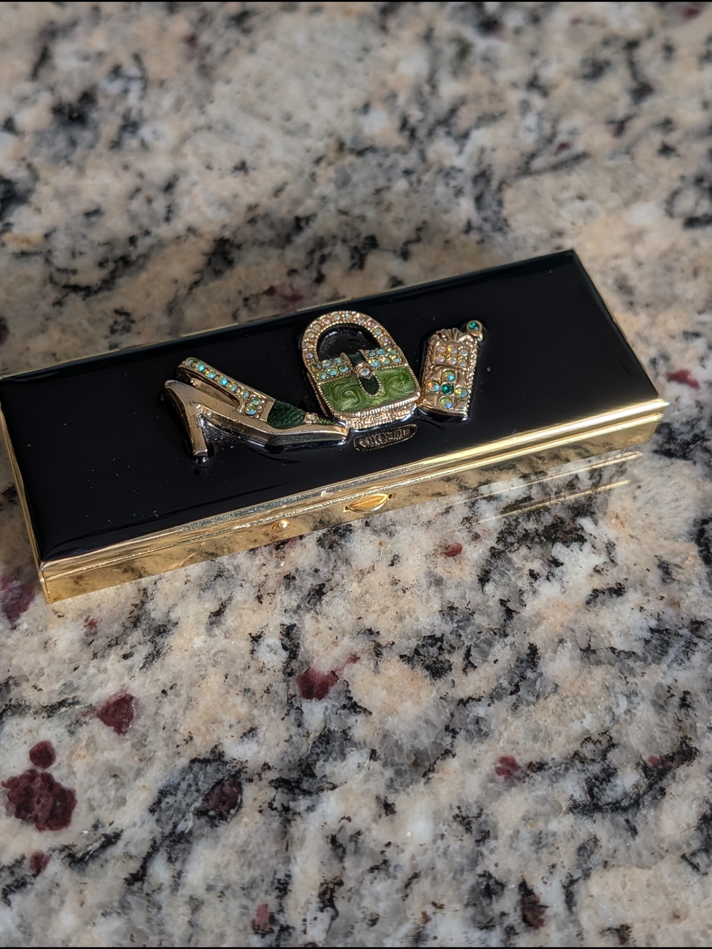 Black and Gold Women's Travel Pill Box with Green Crystal Accent